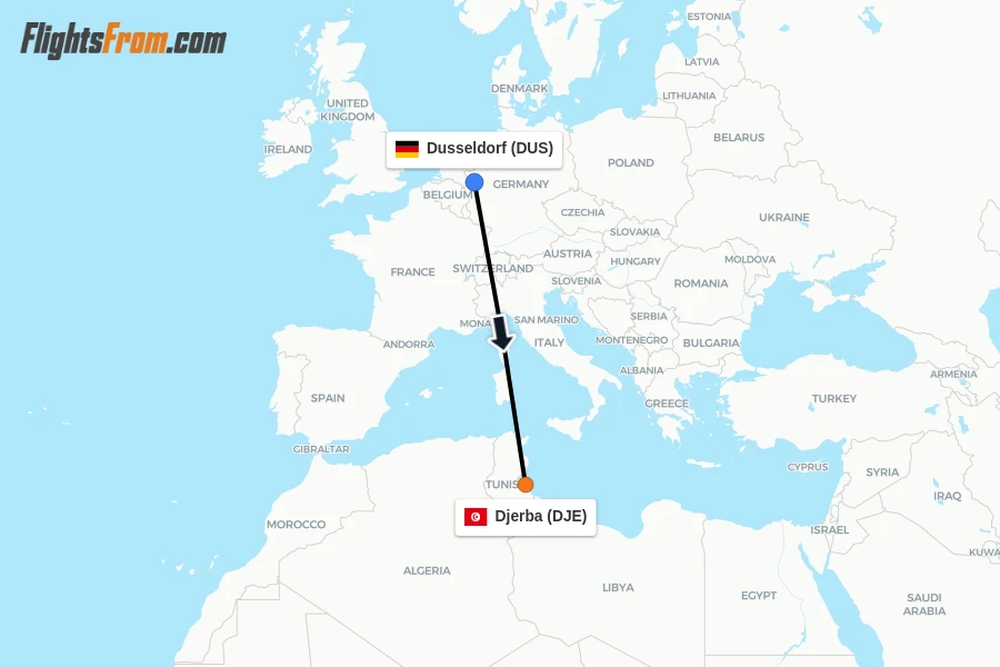 Flights from Dusseldorf to Djerba route map