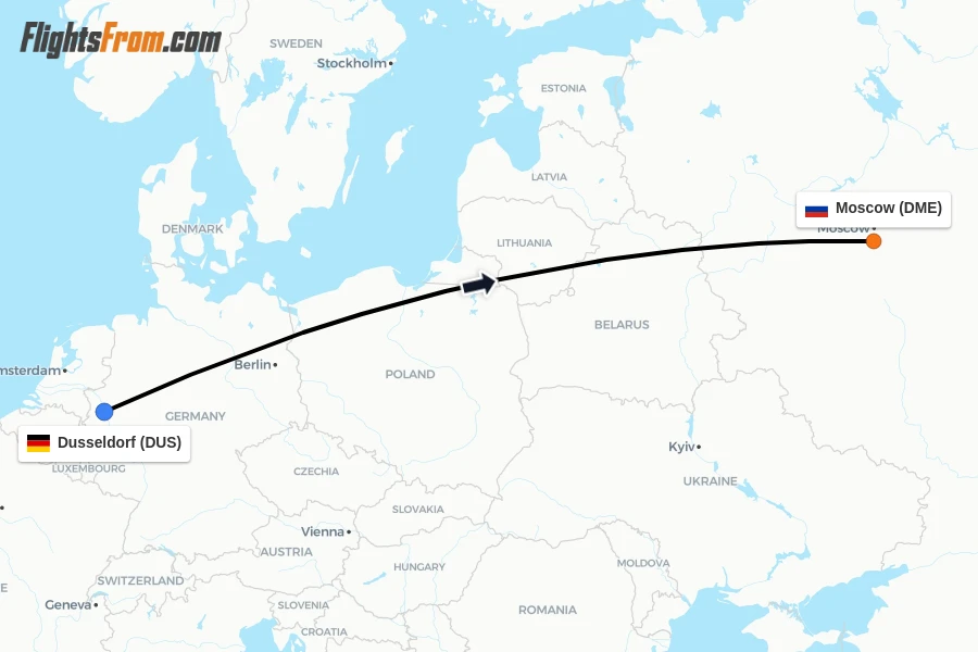 Flights from Dusseldorf to Moscow route map