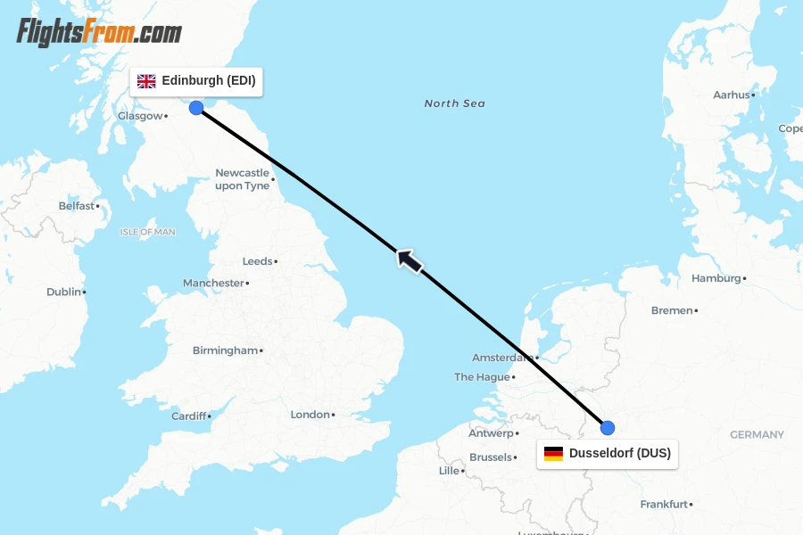 Flights from Dusseldorf to Edinburgh route map