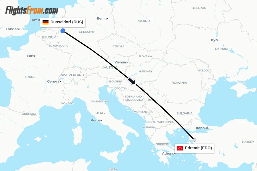 Flights from Dusseldorf to Edremit route map