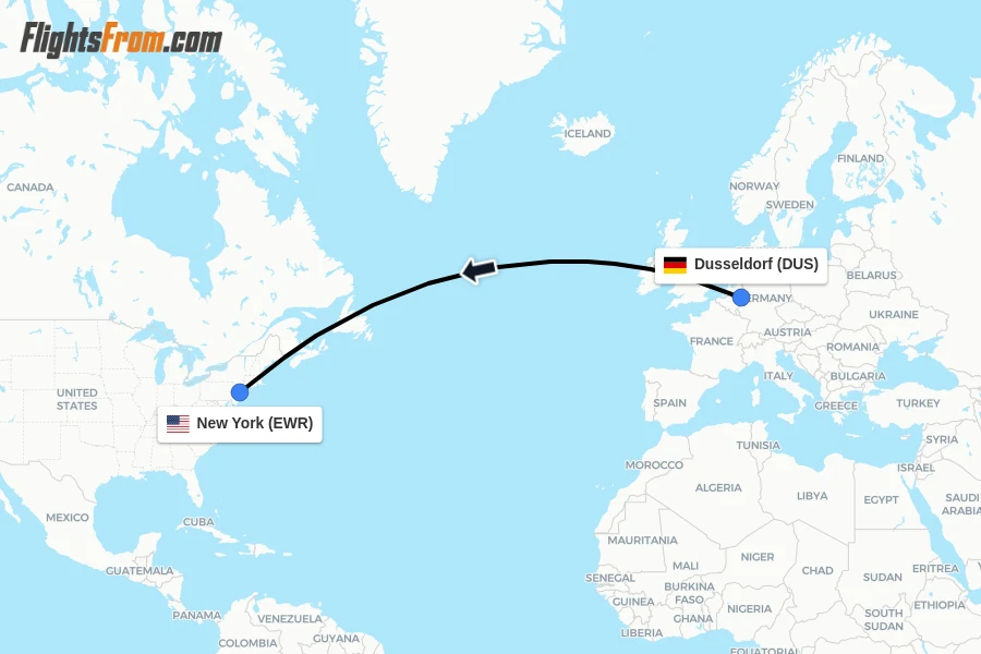 Flights from Dusseldorf to New York route map