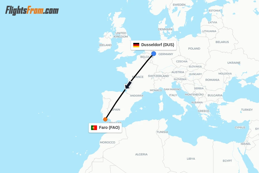 Flights from Dusseldorf to Faro route map