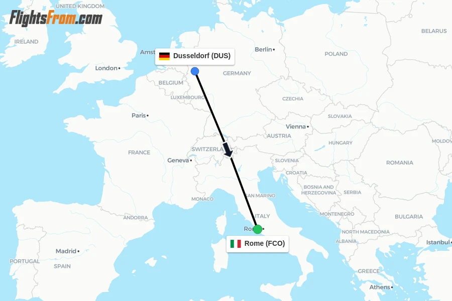 Flights from Dusseldorf to Rome route map