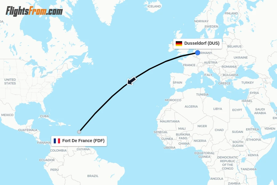 Flights from Dusseldorf to Fort De France route map