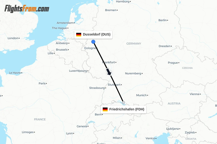 Flights from Dusseldorf to Friedrichshafen route map