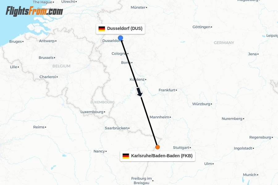 Flights from Dusseldorf to Karlsruhe/Baden-Baden route map
