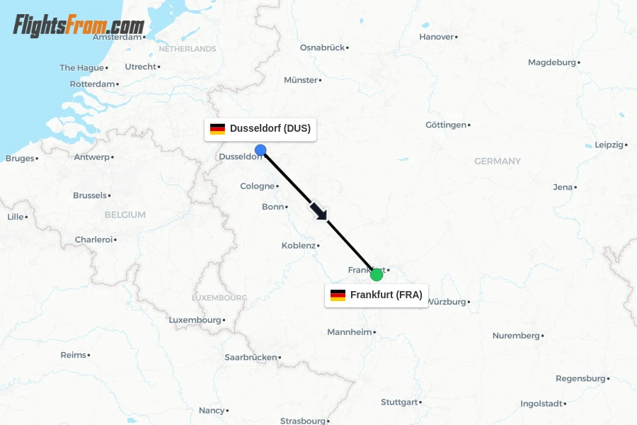 Flights from Dusseldorf to Frankfurt route map