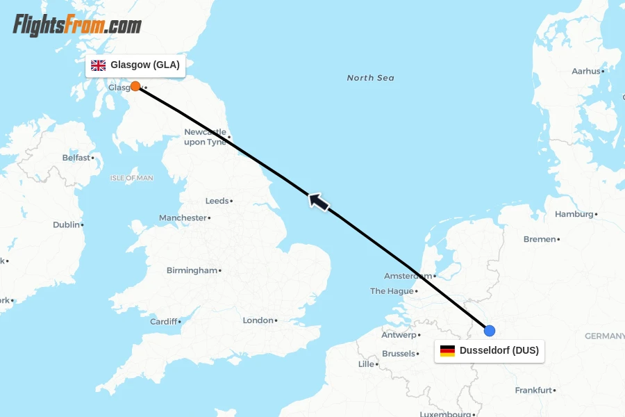 Flights from Dusseldorf to Glasgow route map