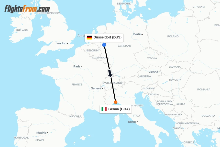 Flights from Dusseldorf to Genoa route map