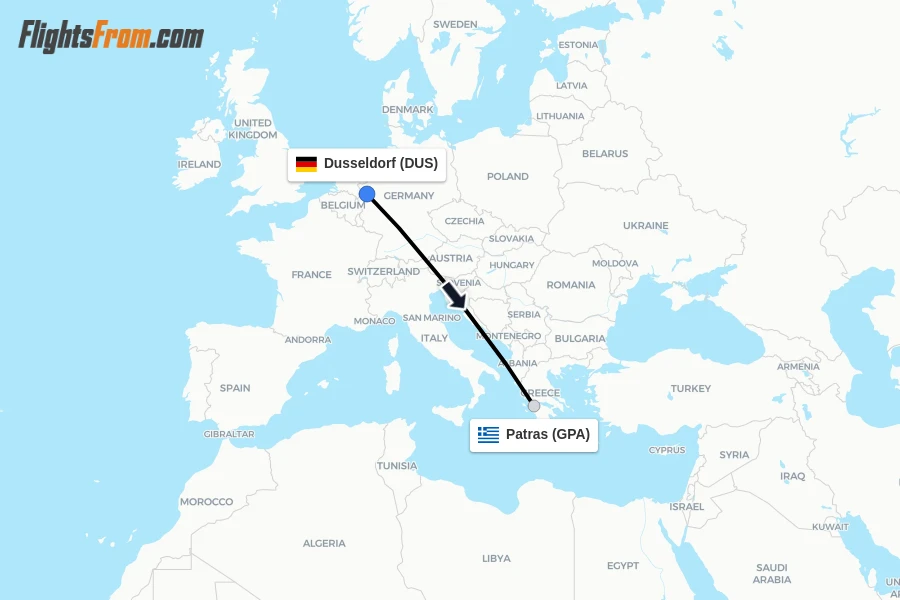 Flights from Dusseldorf to Patras route map