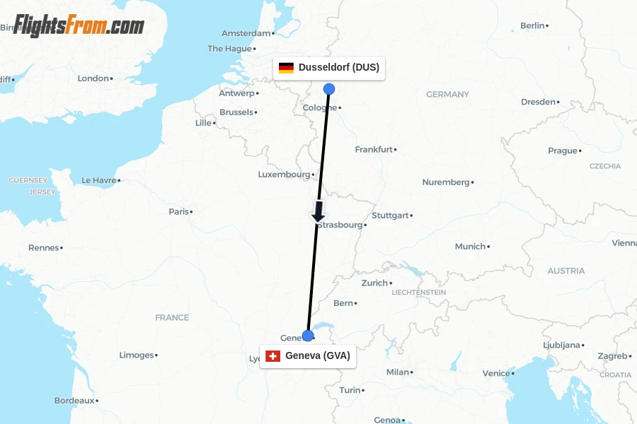 Flights from Dusseldorf to Geneva route map