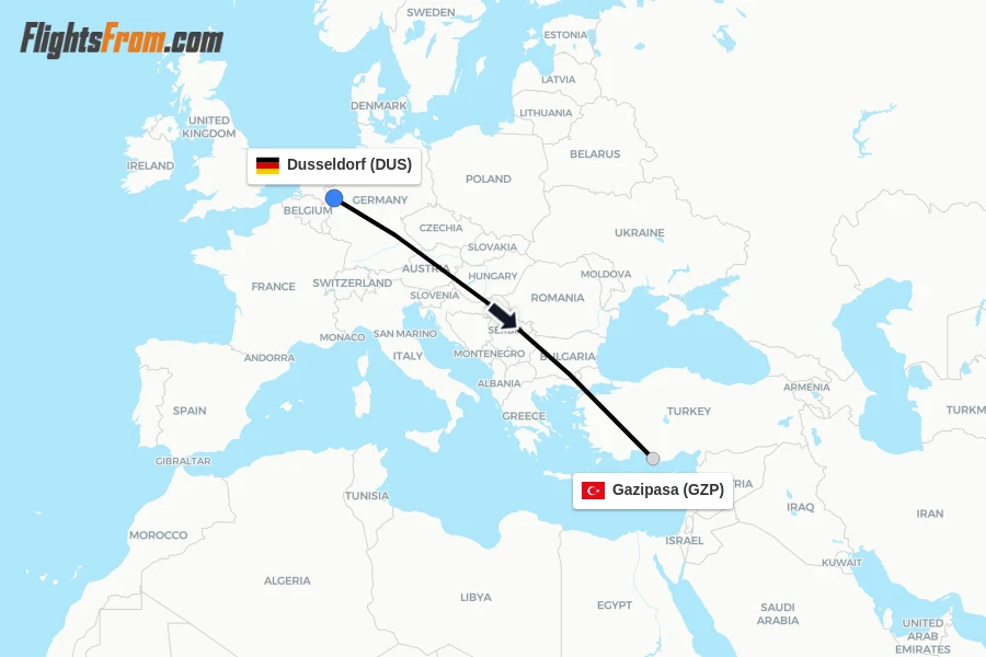 Flights from Dusseldorf to Gazipasa route map