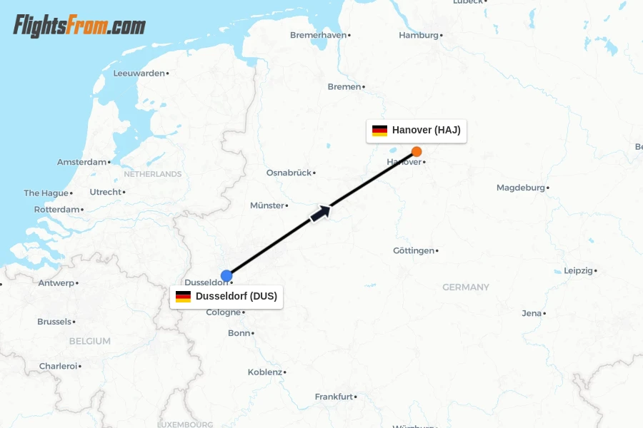 Flights from Dusseldorf to Hanover route map