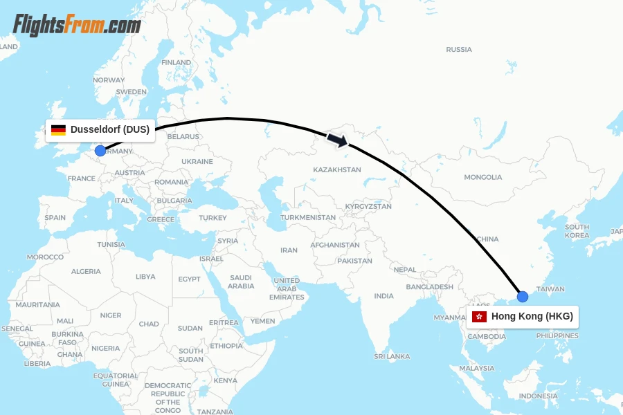 Flights from Dusseldorf to Hong Kong route map