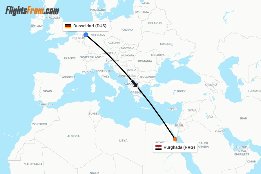 Flights from Dusseldorf to Hurghada route map