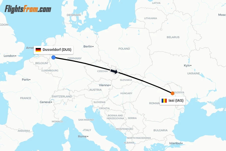 Flights from Dusseldorf to Iasi route map