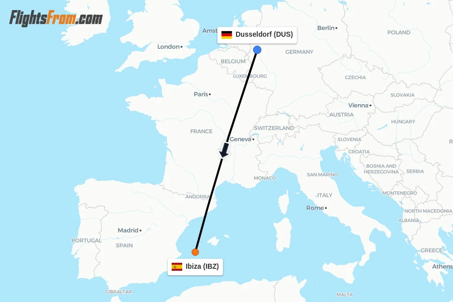 Flights from Dusseldorf to Ibiza route map