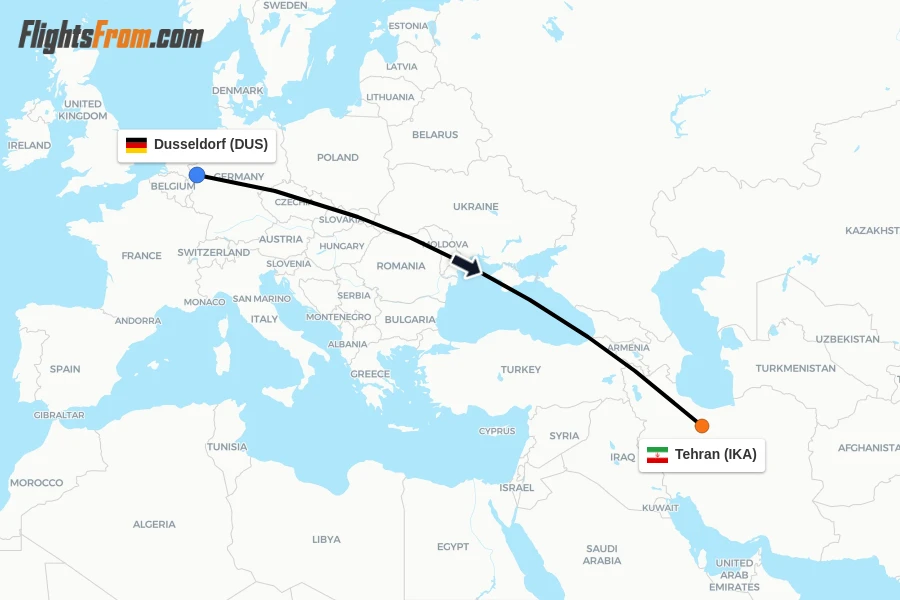 Flights from Dusseldorf to Tehran route map