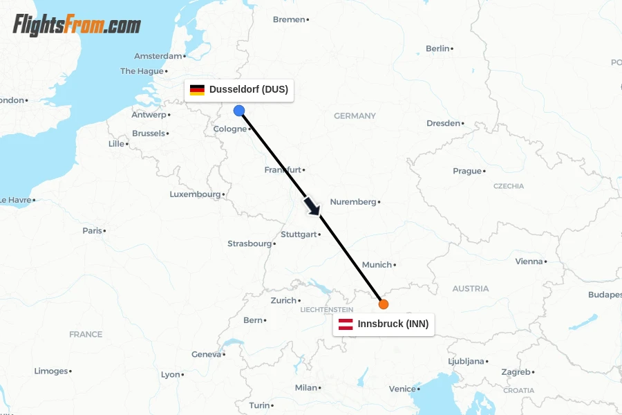 Flights from Dusseldorf to Innsbruck route map