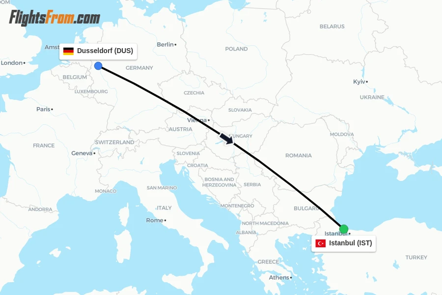 Flights from Dusseldorf to Istanbul route map