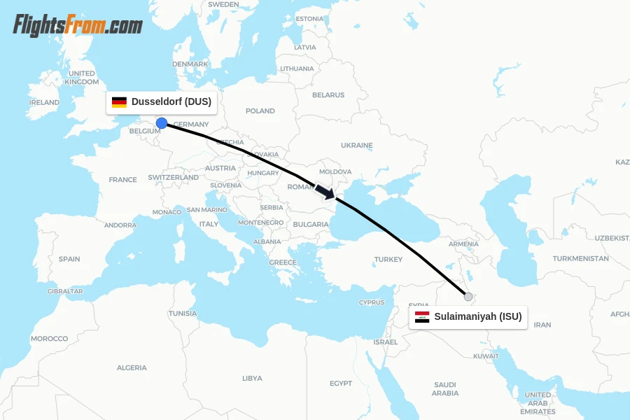 Flights from Dusseldorf to Sulaimaniyah route map