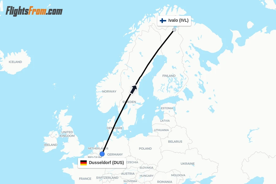 Flights from Dusseldorf to Ivalo route map
