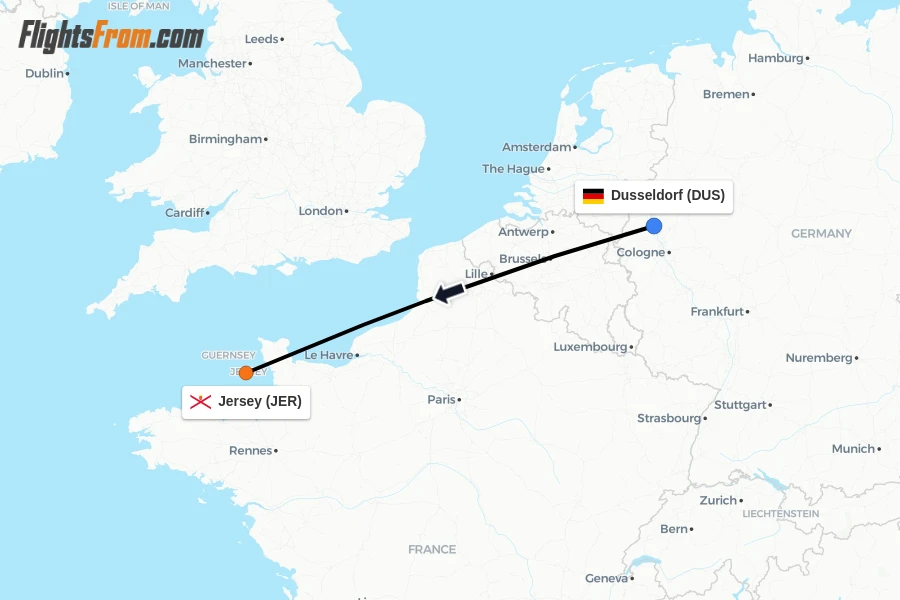 Flights from Dusseldorf to Jersey route map