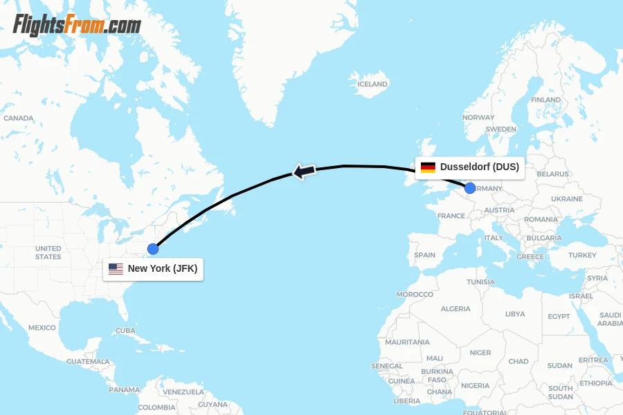 Flights from Dusseldorf to New York route map