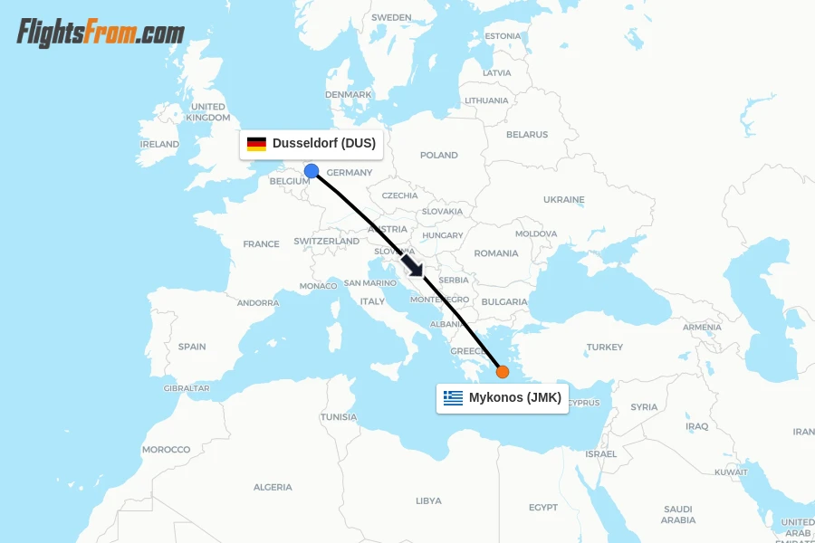 Flights from Dusseldorf to Mykonos route map
