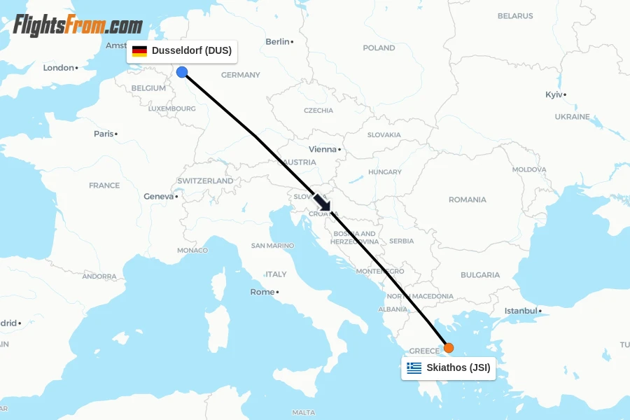 Flights from Dusseldorf to Skiathos route map