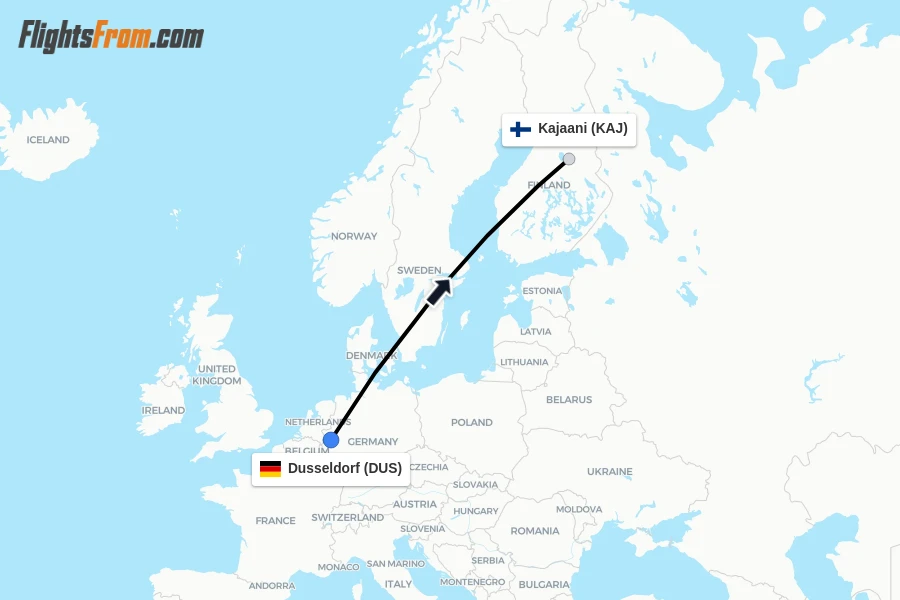 Flights from Dusseldorf to Kajaani route map