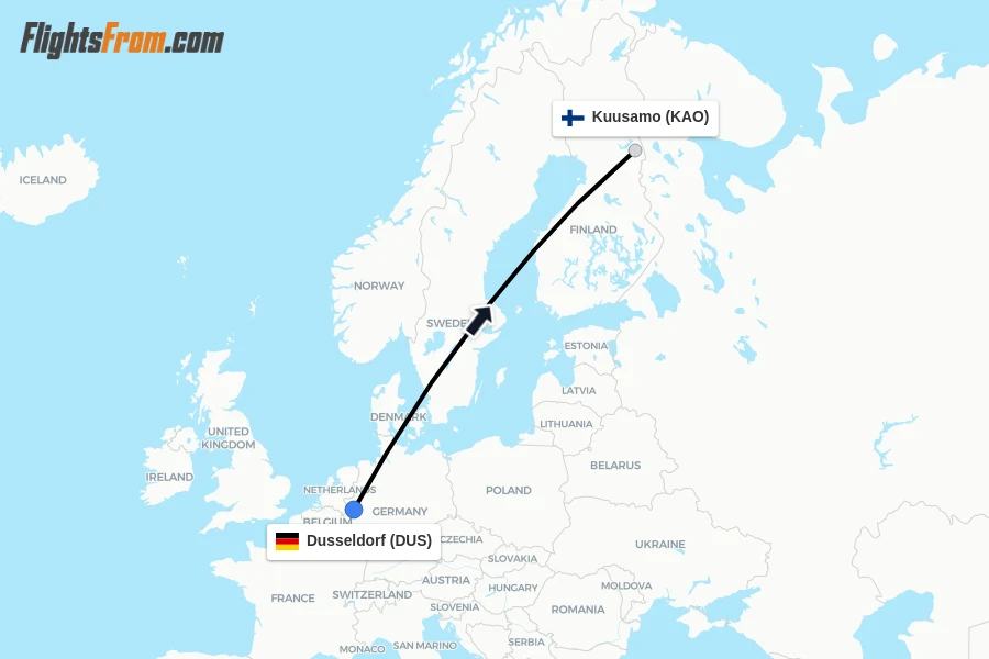 Flights from Dusseldorf to Kuusamo route map