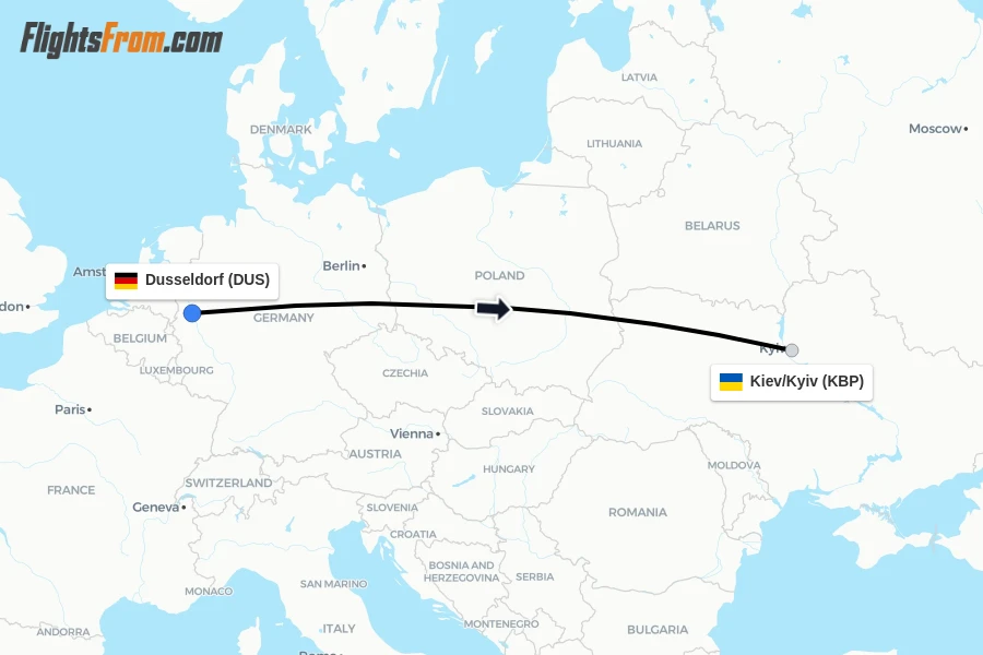 Flights from Dusseldorf to Kiev/Kyiv route map