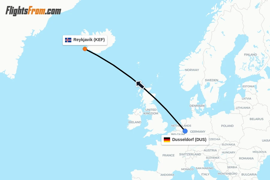 Flights from Dusseldorf to Reykjavik route map
