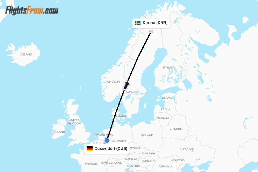 Flights from Dusseldorf to Kiruna route map