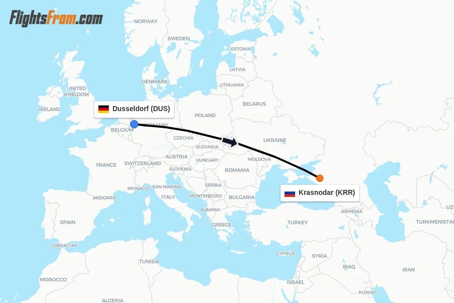 Flights from Dusseldorf to Krasnodar route map