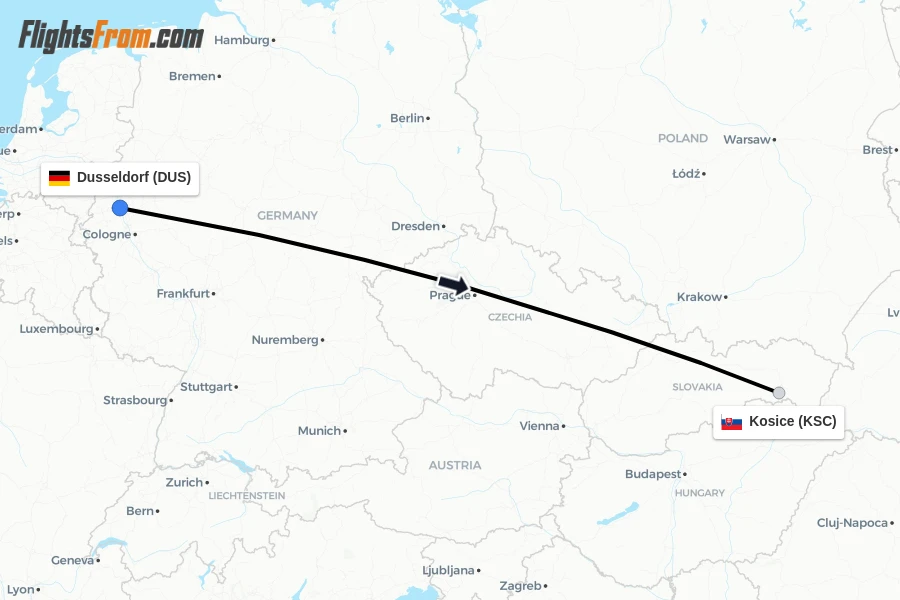 Flights from Dusseldorf to Kosice route map