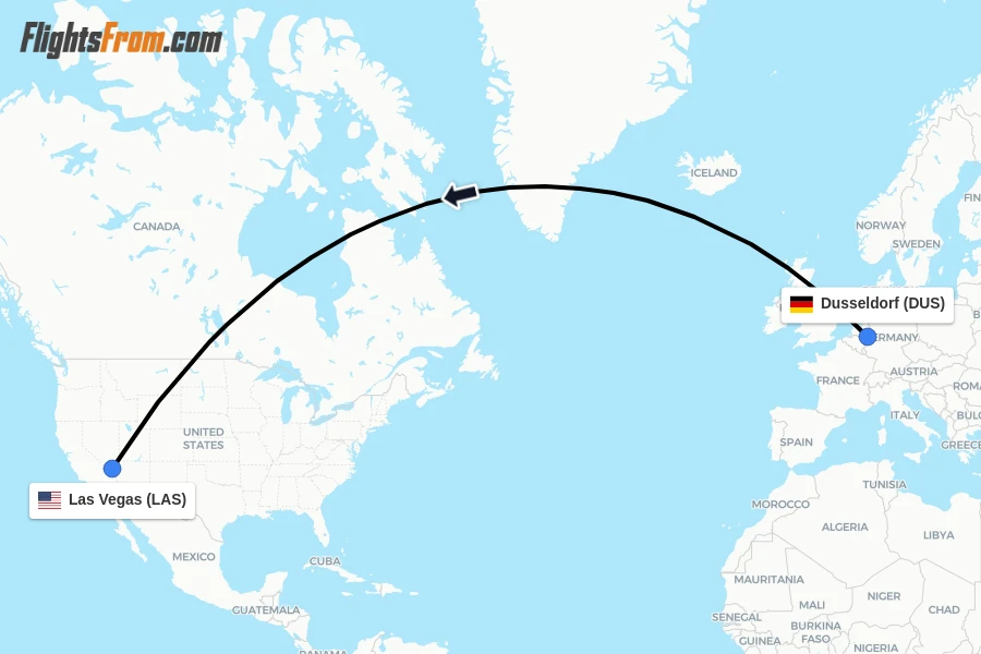 Flights from Dusseldorf to Las Vegas route map