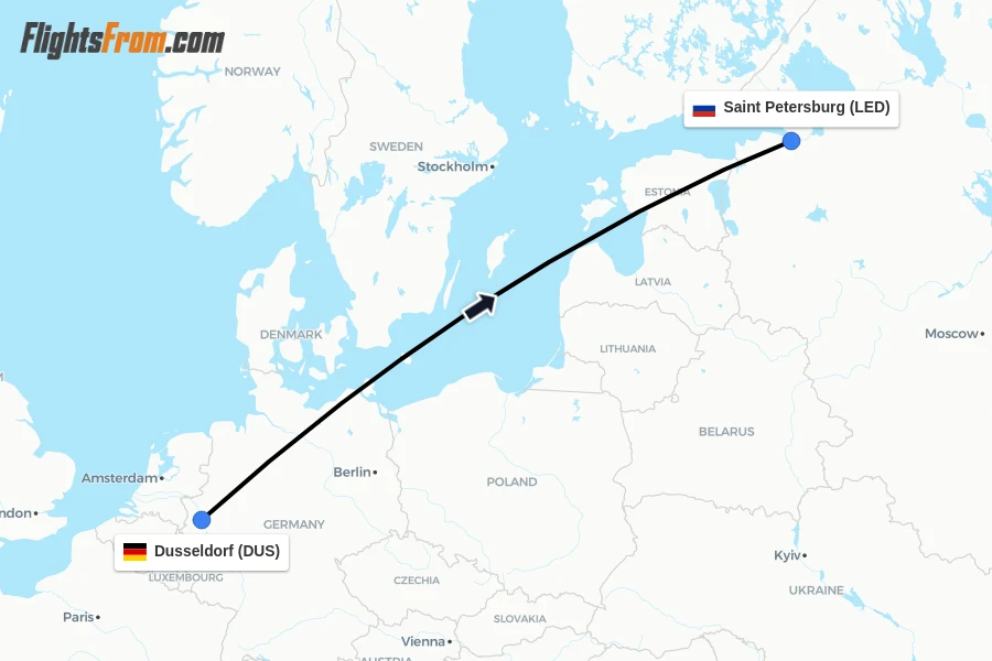 Flights from Dusseldorf to Saint Petersburg route map