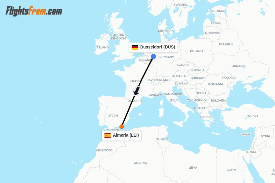 Flights from Dusseldorf to Almeria route map