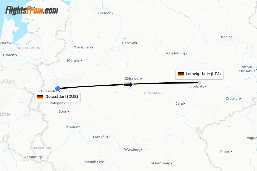 Flights from Dusseldorf to Leipzig/Halle route map
