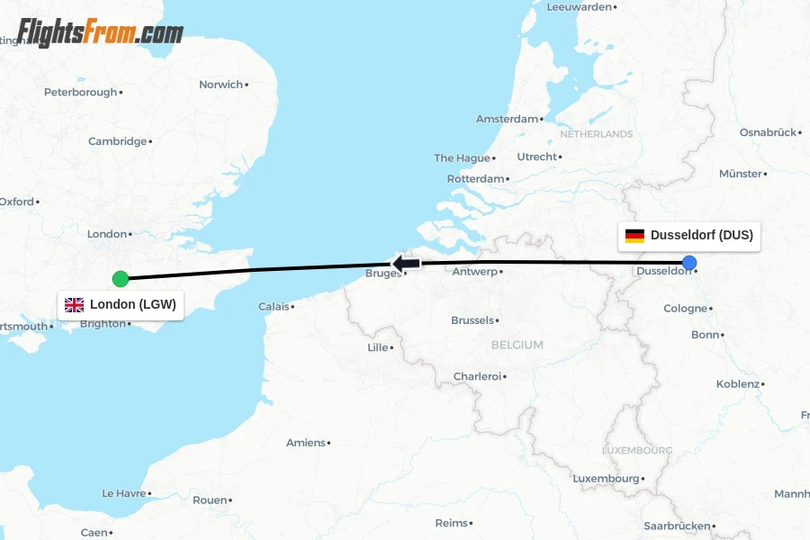 Flights from Dusseldorf to London route map