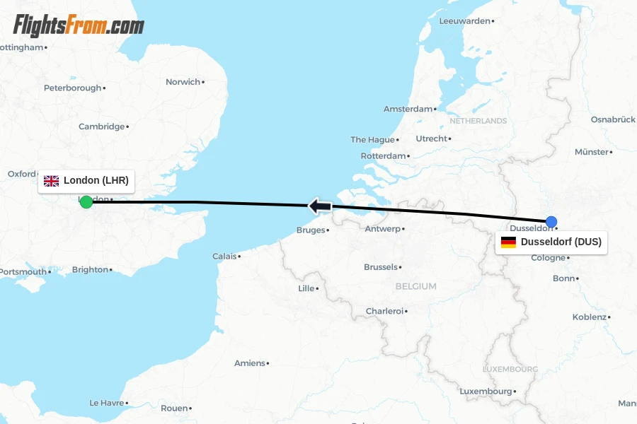 Flights from Dusseldorf to London route map