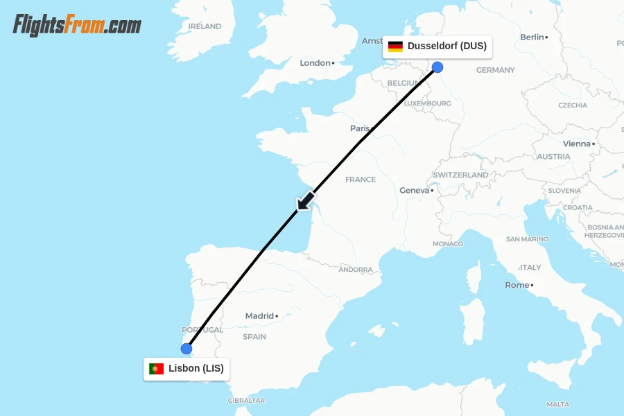Flights from Dusseldorf to Lisbon route map