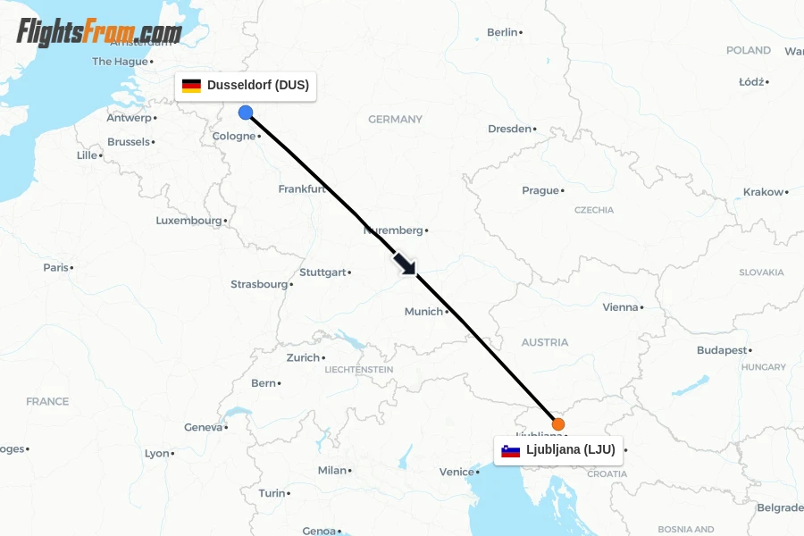 Flights from Dusseldorf to Ljubljana route map