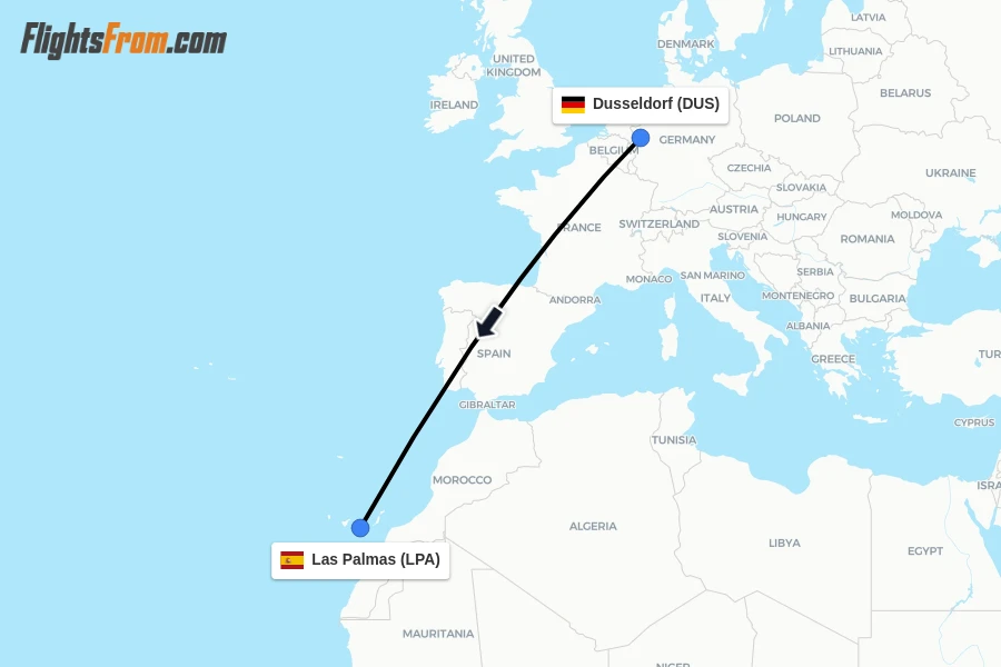 Flights from Dusseldorf to Las Palmas route map