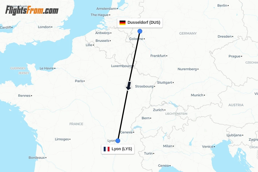 Flights from Dusseldorf to Lyon route map