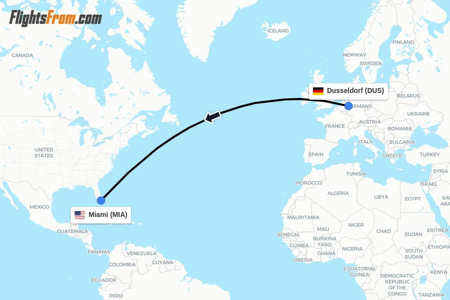 Flights from Dusseldorf to Miami route map