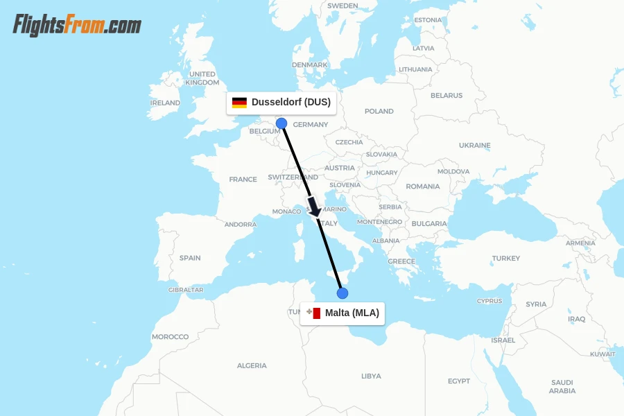 Flights from Dusseldorf to Malta route map