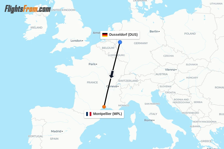 Flights from Dusseldorf to Montpellier route map
